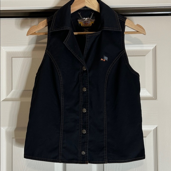 Harley-Davidson Black Denim Button-Up Vest Size Small - Picture 2 of 9